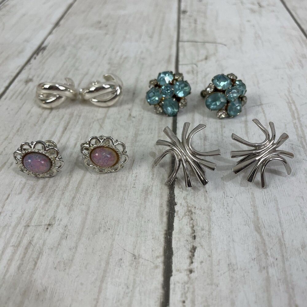 VTG Earrings 4 Pairs - Clip On & Screw back Silver Tone Blue Rhinestone, Opal